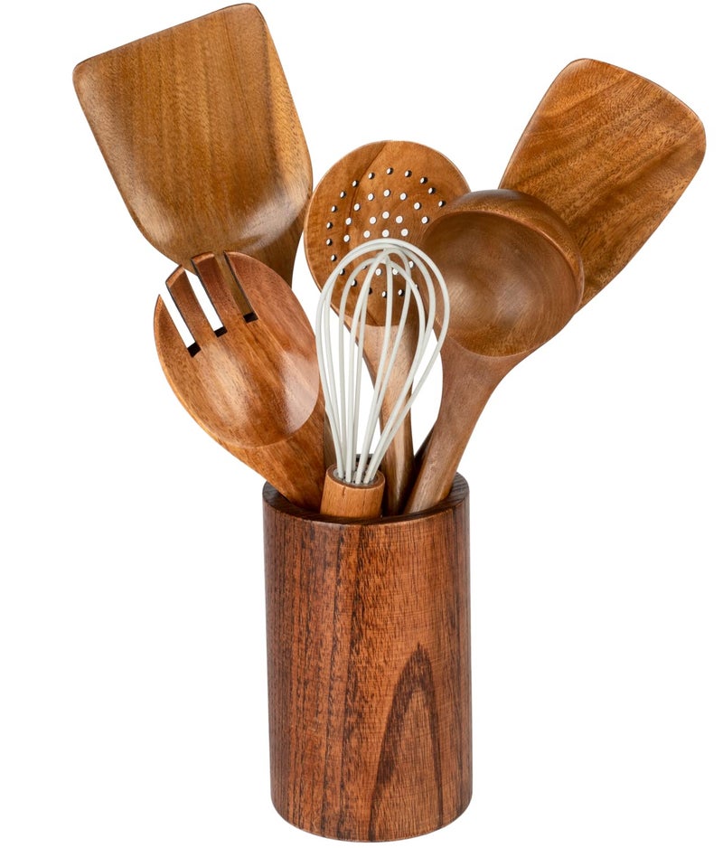 Wooden Utensils for Cooking 7pcs Natural Acacia Wood kitchen utensils set with Holder For Cooking Utensil set Wooden Spoons Spurtle Spatula For Cooing NonStick Pan