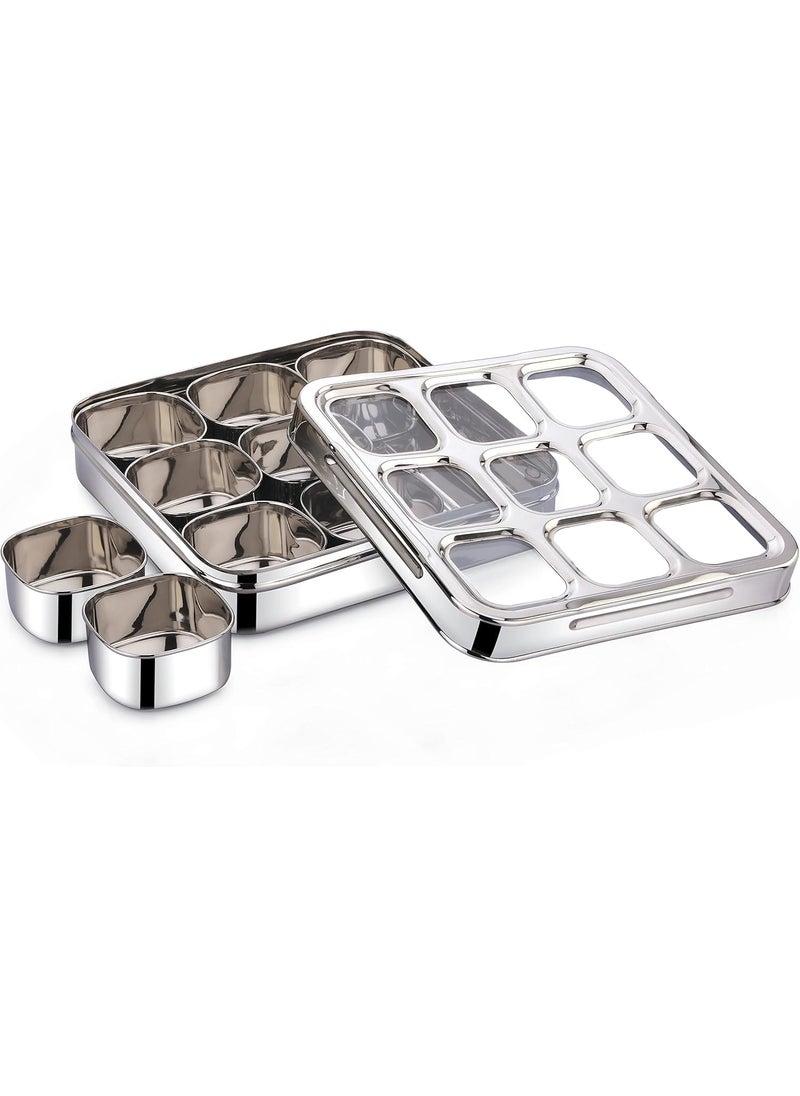 LIGHTNIING HAMMERZ LIGHTNIING HAMMERZ 9 Square Stainless Steel Spice Box Organiser with 9 Compartment Popula Dabba Square Masala Dani for Kitchen SeeThrough Lid with Unbreakable Acrylic Sheet Design Large  - Image 3