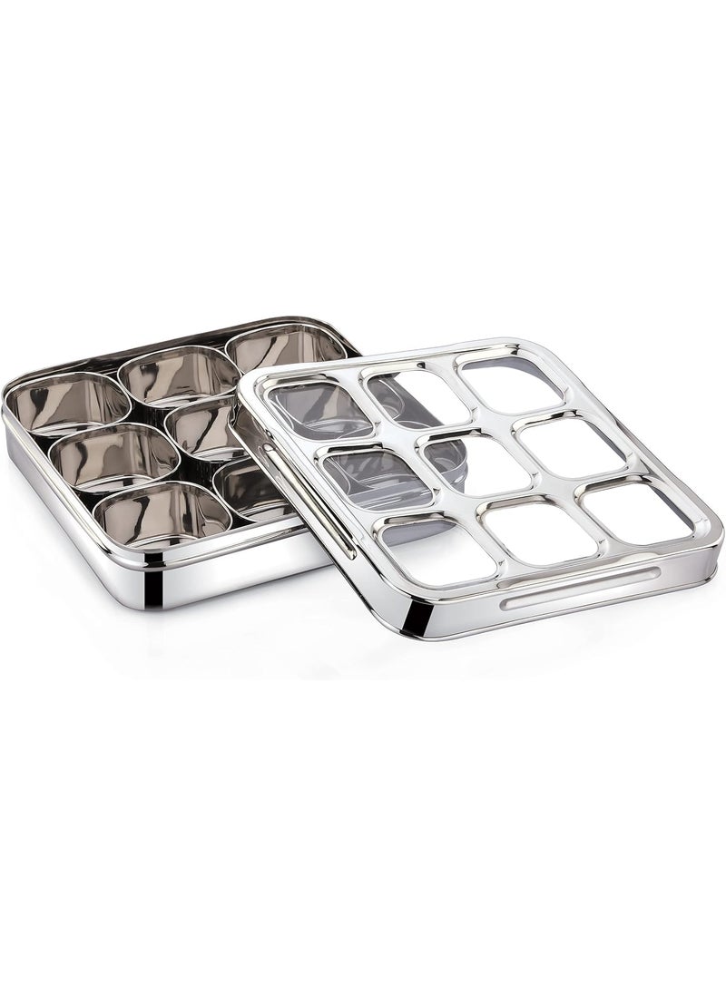 LIGHTNIING HAMMERZ LIGHTNIING HAMMERZ 9 Square Stainless Steel Spice Box Organiser with 9 Compartment Popula Dabba Square Masala Dani for Kitchen SeeThrough Lid with Unbreakable Acrylic Sheet Design Large  - Image 4