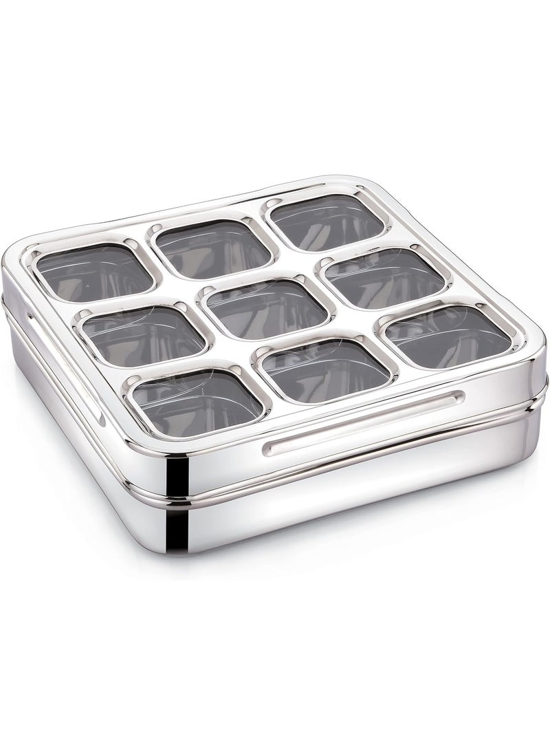 LIGHTNIING HAMMERZ LIGHTNIING HAMMERZ 9 Square Stainless Steel Spice Box Organiser with 9 Compartment Popula Dabba Square Masala Dani for Kitchen SeeThrough Lid with Unbreakable Acrylic Sheet Design Large  - Image 1