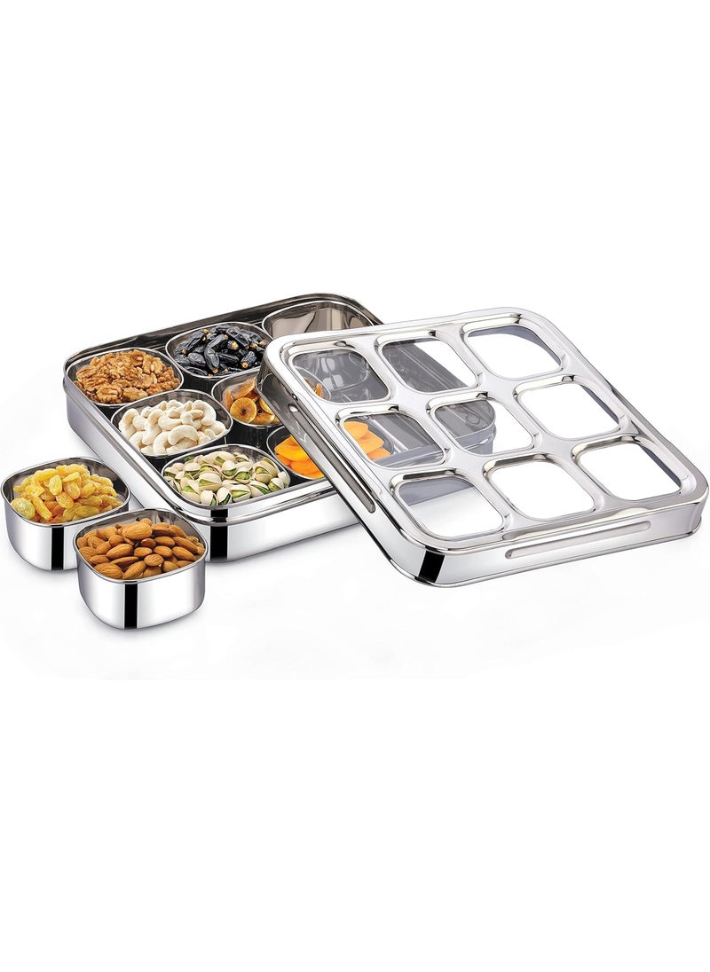 LIGHTNIING HAMMERZ LIGHTNIING HAMMERZ 9 Square Stainless Steel Spice Box Organiser with 9 Compartment Popula Dabba Square Masala Dani for Kitchen SeeThrough Lid with Unbreakable Acrylic Sheet Design Large  - Image 2