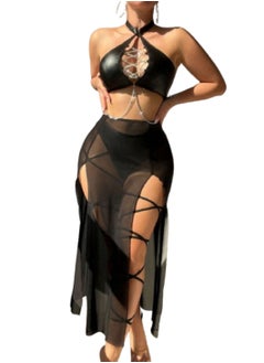 MANIKAN MANIKAN- a women's lingerie set , made of leather and lace, decorated with chains at the chest and a neck strap  - Image 1