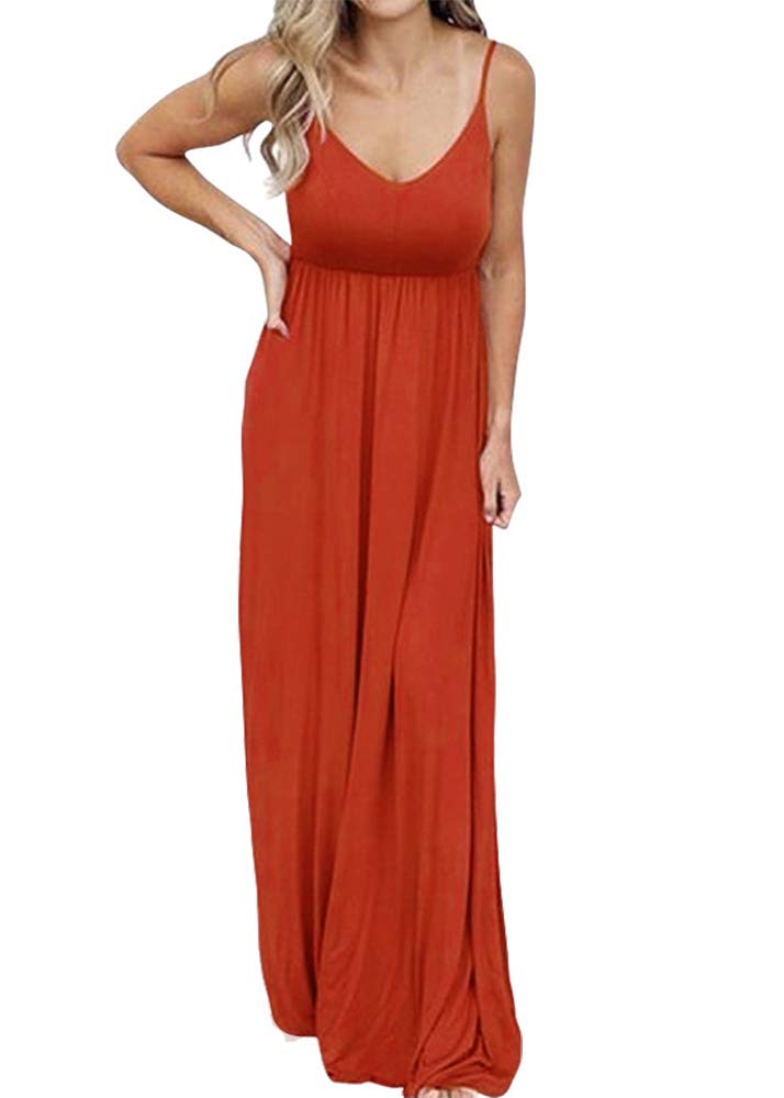 PRIMODA Women's Summer Casual Sleeveless V Neck Adjustable Spaghetti Strap Maxi Long Dress(Orange,2XL) - Image 1