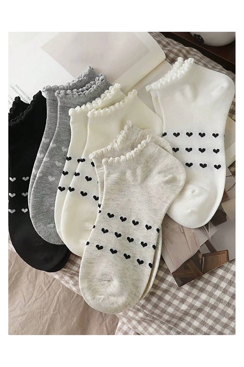 مجموعة 5 أزواج جوارب كاحل نسائية بتصميم قلب من الدانتيل بألوان متنوعة لجميع الفصول - Image 1