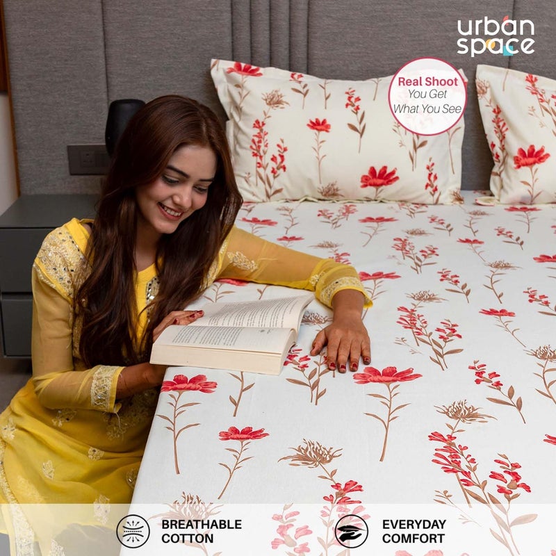 Urban Space ملاءة سرير حضري سيرين 200 TC 100% قطن للسرير الملكي، ملاءة قطنية للسرير الملكي مع 2 غطاء وسادة (أزهار الأوركيد - وردي، الحجم 108 x 108 بوصة) - Image 5