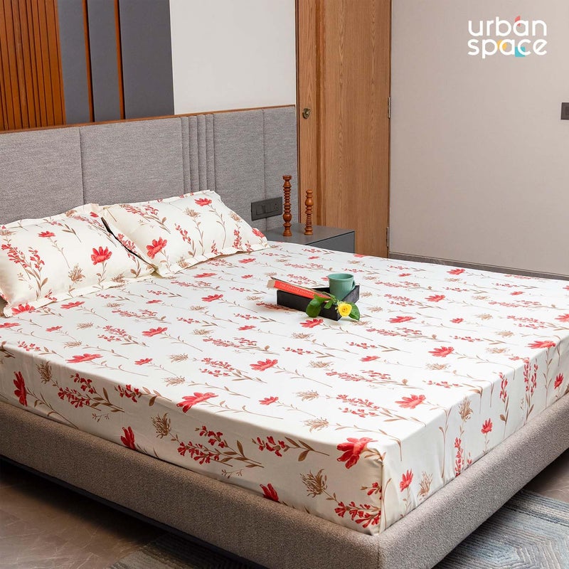 Urban Space ملاءة سرير حضري سيرين 200 TC 100% قطن للسرير الملكي، ملاءة قطنية للسرير الملكي مع 2 غطاء وسادة (أزهار الأوركيد - وردي، الحجم 108 x 108 بوصة) - Image 2