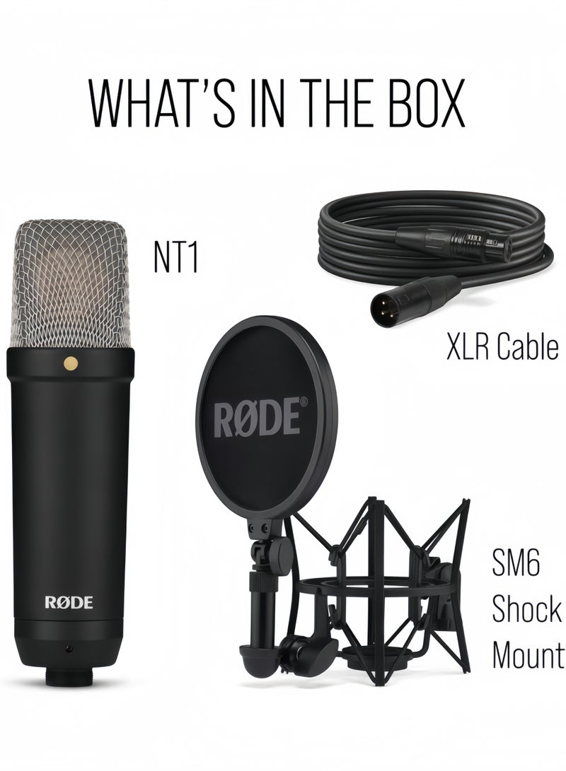 رود ميكروفون مكثف الحجاب الحاجز الكبير من سلسلة توقيع RØDE NT1، مع حامل تأثير ومرشح شائع وكابل XLR، لإنتاج الموسيقى والتسجيل الصوتي وتدفق الوسائط والبودكاست (أسود) - Image 5