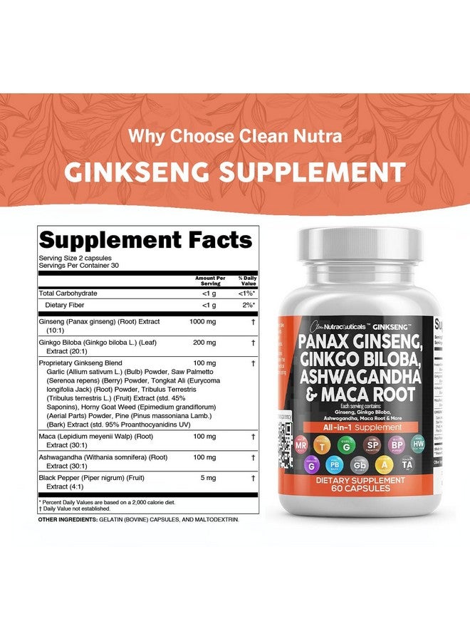Clean Nutraceuticals مكملات كلين نوتراسيتيكالز بانكس جينسنغ جنكو بيلوبا أشواغاندا ماكا روت - حبوب مكمل التركيز للنساء والرجال مع مستخلص لحاء الصنوبر، الثوم، وسا بالميتو - 60 كبسولة - Image 3