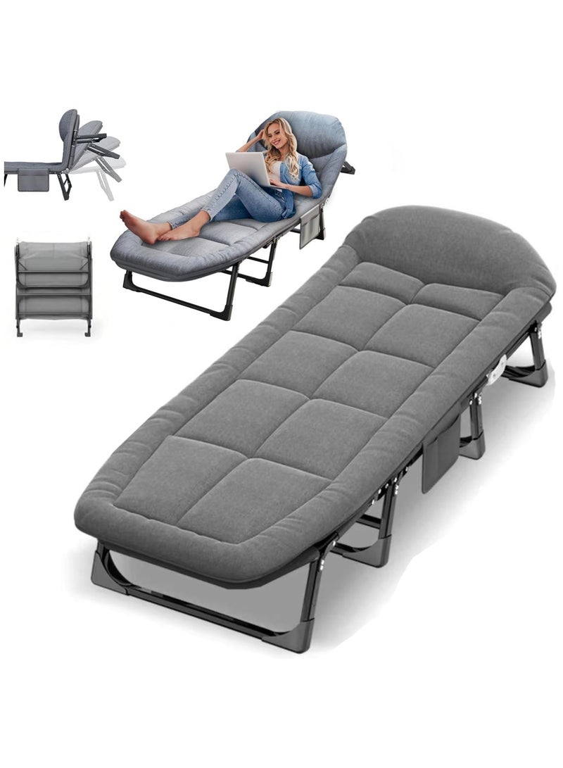 180*66cm Chaise Lounge Chair, Folding Cot, 6-Angle Adjustable Camping Cot with Mattress for Office, Patio and Beach, Foldable Bed Portable Heavy Duty Lay Flat Reclining with Pillow - Image 1