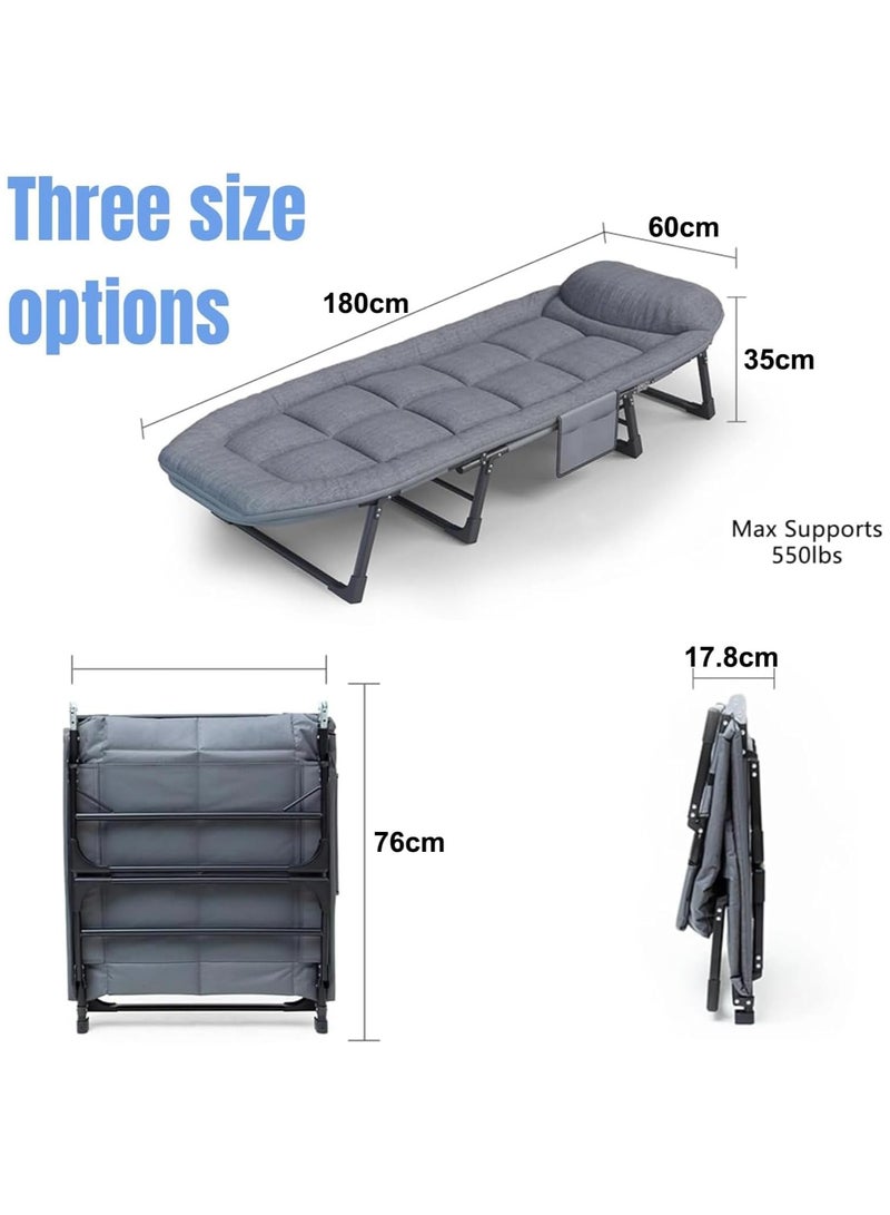 180*66cm Chaise Lounge Chair, Folding Cot, 6-Angle Adjustable Camping Cot with Mattress for Office, Patio and Beach, Foldable Bed Portable Heavy Duty Lay Flat Reclining with Pillow - Image 2