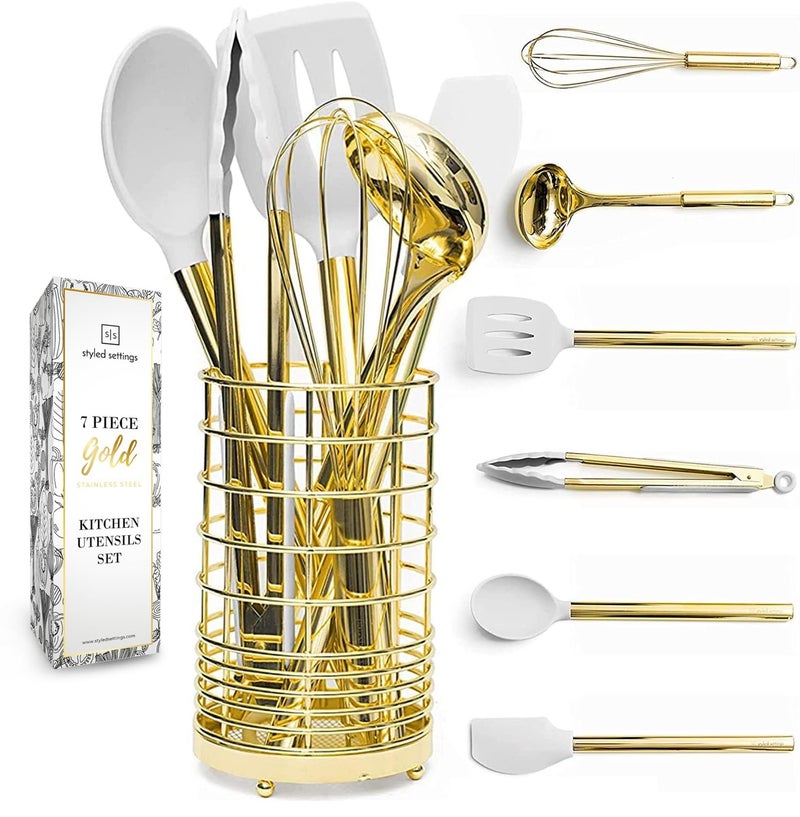 White Silicone and Gold Cooking Utensils Set with Gold Utensil Holder  7Piece Silicone Cooking Tools  Ideal for Nonstick Cookware and Stylish Modern Kitchens  Luxury Kitchen Accessories