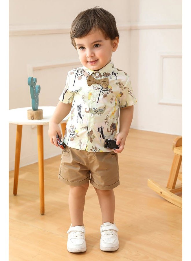 JEELLIGULAR Toddler Baby Boys Summer Clothes Button-Down Short Sleeve Shirt Blouse Tops + Shorts Pants 2Pcs Gentlemen Outfits Playwear Set (Animal Print & Khaki, 12-18M) - Image 2