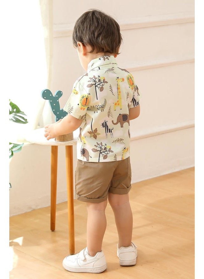 JEELLIGULAR Toddler Baby Boys Summer Clothes Button-Down Short Sleeve Shirt Blouse Tops + Shorts Pants 2Pcs Gentlemen Outfits Playwear Set (Animal Print & Khaki, 12-18M) - Image 3