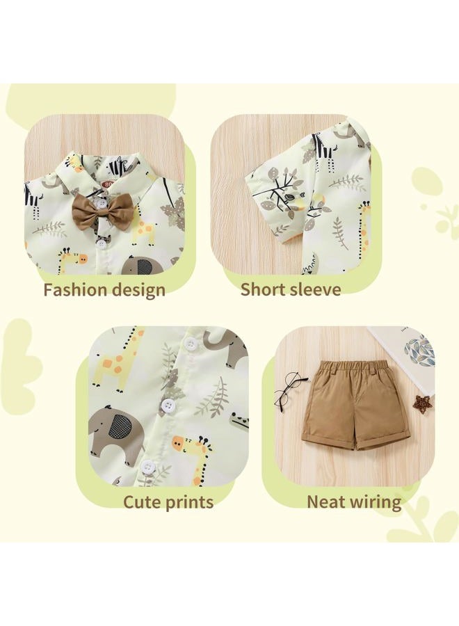 JEELLIGULAR Toddler Baby Boys Summer Clothes Button-Down Short Sleeve Shirt Blouse Tops + Shorts Pants 2Pcs Gentlemen Outfits Playwear Set (Animal Print & Khaki, 12-18M) - Image 4