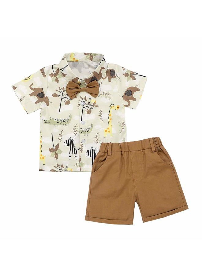 JEELLIGULAR Toddler Baby Boys Summer Clothes Button-Down Short Sleeve Shirt Blouse Tops + Shorts Pants 2Pcs Gentlemen Outfits Playwear Set (Animal Print & Khaki, 12-18M) - Image 1