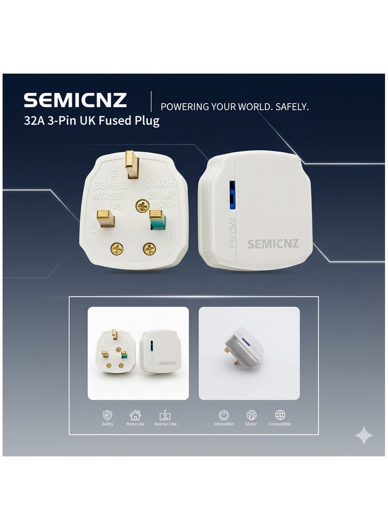 SEMICNZ 32A 3-Pin UK Fused Plug Top – High-Quality White Plug for Heavy-Duty & High-Voltage Equipment | Safe & Reliable Connection - Image 4