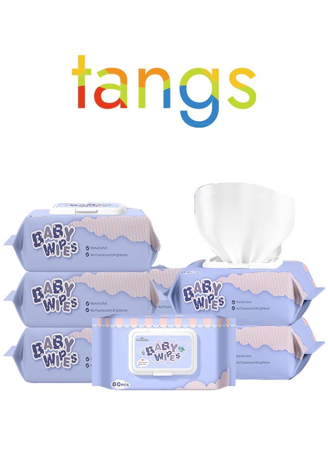 tangs - Baby Wet Wipes, 80 Sheets * 6 Packs (480 Sheets Total), Newborn & Kids Gentle Skin Care, Water-Spun Nonwoven Fabric, R0 Pure Water, Antibacterial Essence, Hypoallergenic, No Harsh Chemicals, Flip-Top Lid for Moisture Lock, Ideal for Middle East Market - Image 1