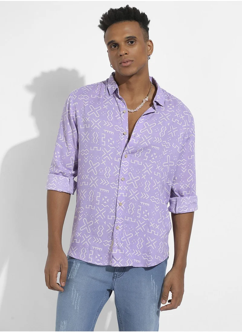 كامبوس سوترا Campus Sutra Men's Lavender Minimal Aztec Shirt For Casual Wear | Spread Collar | Long Sleeve | Button Closure | Heavy Rayon Shirt Crafted With Comfort Fit For Everyday Wear