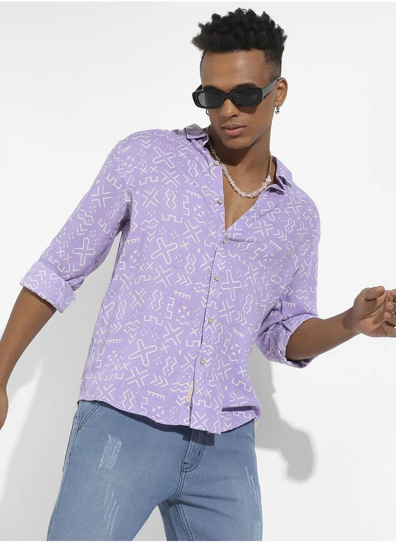 كامبوس سوترا Campus Sutra Men's Lavender Minimal Aztec Shirt For Casual Wear | Spread Collar | Long Sleeve | Button Closure | Heavy Rayon Shirt Crafted With Comfort Fit For Everyday Wear