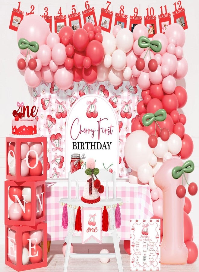 Hombae Cherry First Birthday Decorations - 125 PCs Cherry Themed 1st Birthday Party Supplies with Backdrop, Balloon Garland, Banner, Balloon Boxes, Number 1 Foil Balloon, Cake Topper - Image 1