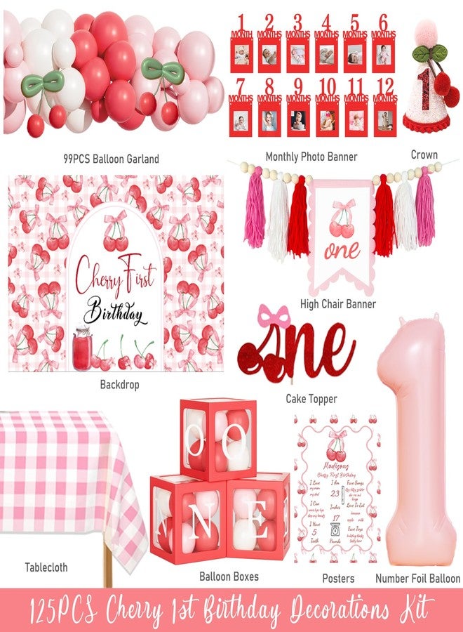 Hombae Cherry First Birthday Decorations - 125 PCs Cherry Themed 1st Birthday Party Supplies with Backdrop, Balloon Garland, Banner, Balloon Boxes, Number 1 Foil Balloon, Cake Topper - Image 2