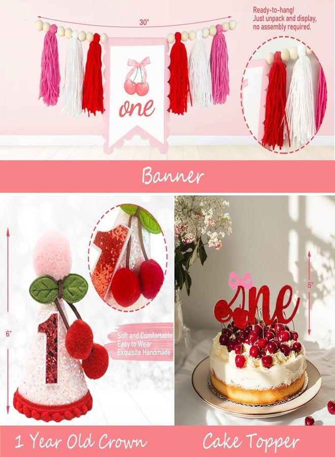 Hombae Cherry First Birthday Decorations - 125 PCs Cherry Themed 1st Birthday Party Supplies with Backdrop, Balloon Garland, Banner, Balloon Boxes, Number 1 Foil Balloon, Cake Topper - Image 4