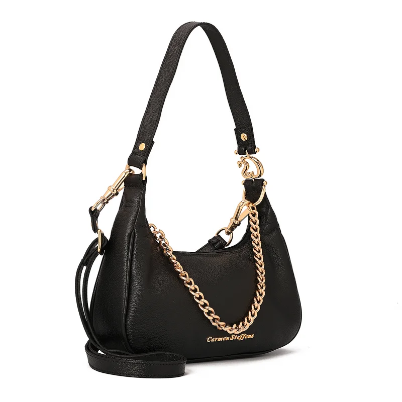 Black Half-Moon Leather Bag with Chain