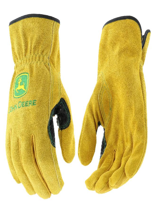 John Deere JD00004 Leather Gloves - Large Size Split Cowhide Work Gloves with Shirred Elastic Wrist. Hand Protection Wear,Gold - Image 1
