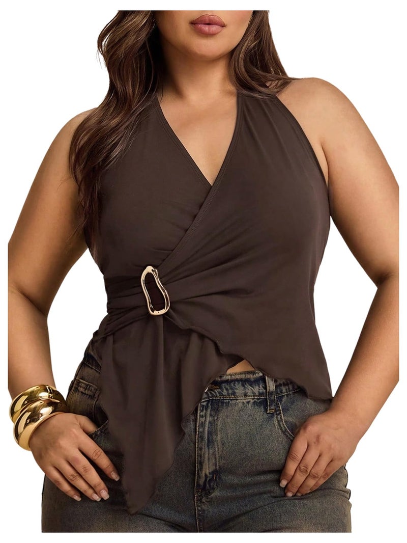 Floerns Women's Plus Size Metal Ring Wrap Halter Tops Sleeveless Asymmetrical Hem Y2k Going Out Tank Top Brown XX-Large Plus - Image 1