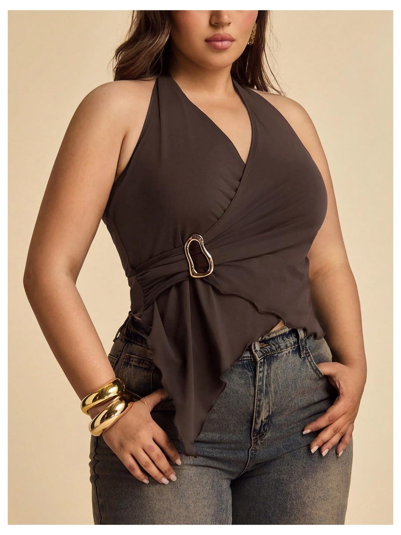 Floerns Women's Plus Size Metal Ring Wrap Halter Tops Sleeveless Asymmetrical Hem Y2k Going Out Tank Top Brown XX-Large Plus - Image 3