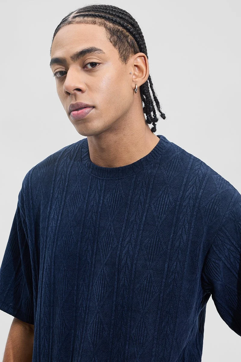 SNITCH Dark Navy Blue Geometric Half Sleeve Oversized T-Shirt