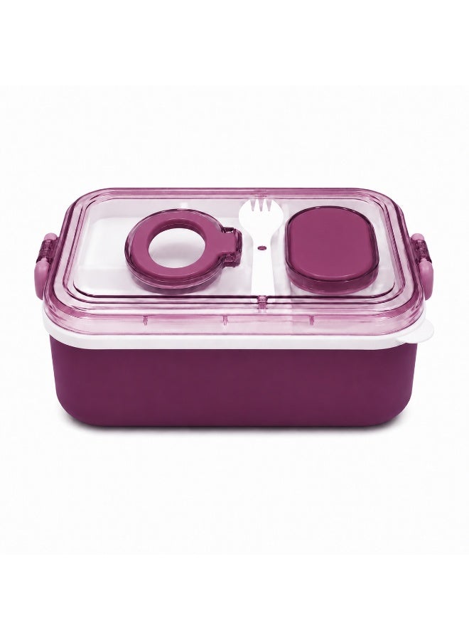 2-Tier Bento Lunch Box, 2000 mL, with Compartments, Spork, Sauce Cup and Carry Handle, BPA-Free PP5 - Purple - Image 1