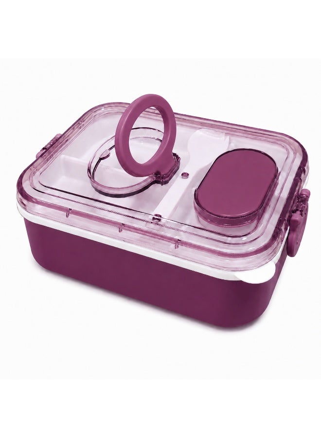 2-Tier Bento Lunch Box, 2000 mL, with Compartments, Spork, Sauce Cup and Carry Handle, BPA-Free PP5 - Purple - Image 2