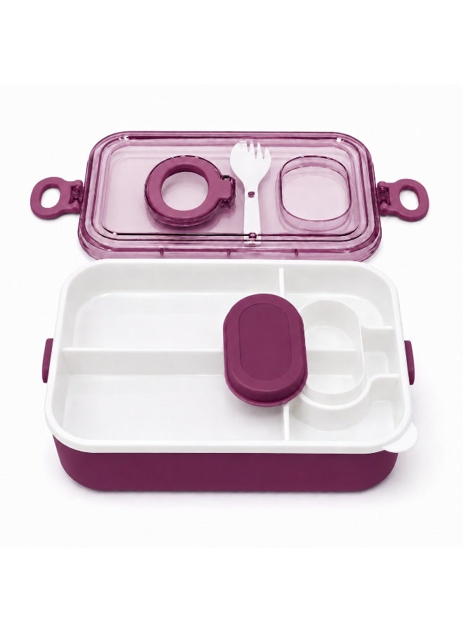 2-Tier Bento Lunch Box, 2000 mL, with Compartments, Spork, Sauce Cup and Carry Handle, BPA-Free PP5 - Purple - Image 3