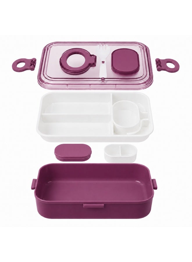 2-Tier Bento Lunch Box, 2000 mL, with Compartments, Spork, Sauce Cup and Carry Handle, BPA-Free PP5 - Purple - Image 4