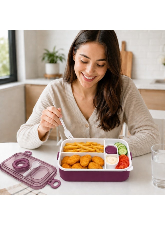2-Tier Bento Lunch Box, 2000 mL, with Compartments, Spork, Sauce Cup and Carry Handle, BPA-Free PP5 - Purple - Image 5