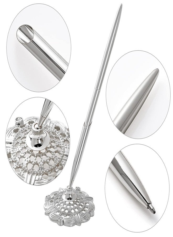 jiebor 2Pcs Silver Wedding Pen and Metal Pen Stand Holder Set Signing Desk Ballpoint Pens for Guest Book Bridal Engagement Business Home Office Supplies Black Ink - Image 5