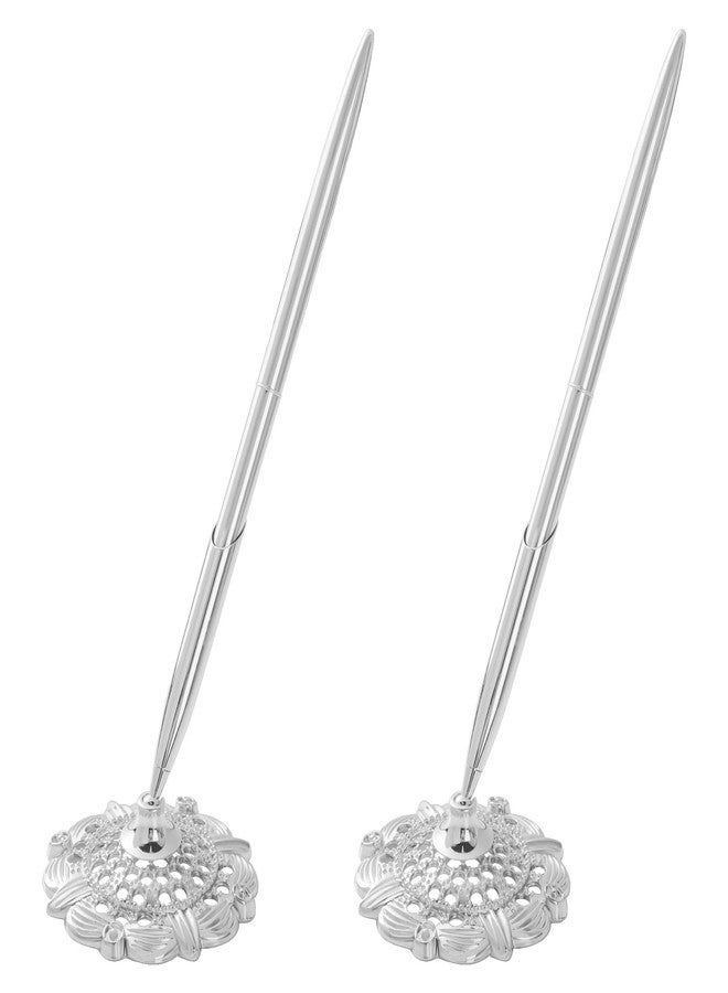 jiebor 2Pcs Silver Wedding Pen and Metal Pen Stand Holder Set Signing Desk Ballpoint Pens for Guest Book Bridal Engagement Business Home Office Supplies Black Ink - Image 1