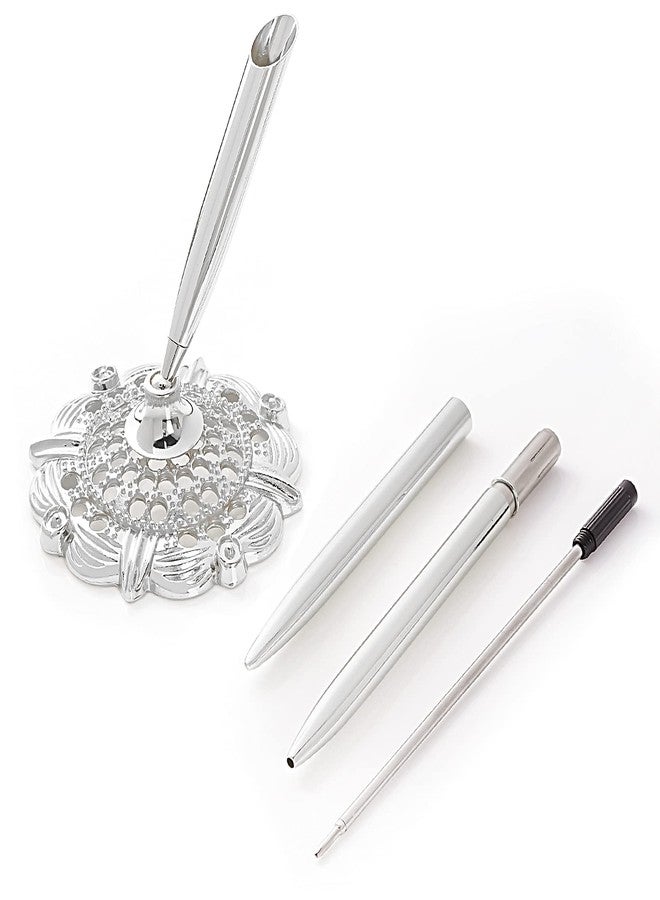 jiebor 2Pcs Silver Wedding Pen and Metal Pen Stand Holder Set Signing Desk Ballpoint Pens for Guest Book Bridal Engagement Business Home Office Supplies Black Ink - Image 4