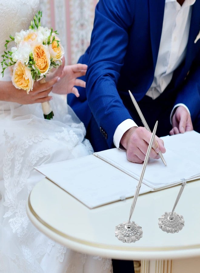 jiebor 2Pcs Silver Wedding Pen and Metal Pen Stand Holder Set Signing Desk Ballpoint Pens for Guest Book Bridal Engagement Business Home Office Supplies Black Ink - Image 2