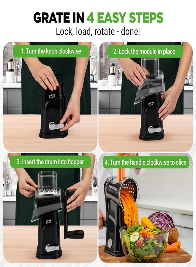 NutriChef 5 in 1 Cheese Grater & Shredder | 5 Different Blades for Thin, Thick, Julienne Strips, Wavy, & Straight Strips | Includes Hand Crank, Strong Suction Base & Storage Container | Black - Image 2