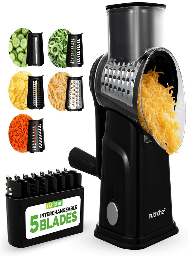 NutriChef 5 in 1 Cheese Grater & Shredder | 5 Different Blades for Thin, Thick, Julienne Strips, Wavy, & Straight Strips | Includes Hand Crank, Strong Suction Base & Storage Container | Black - Image 1