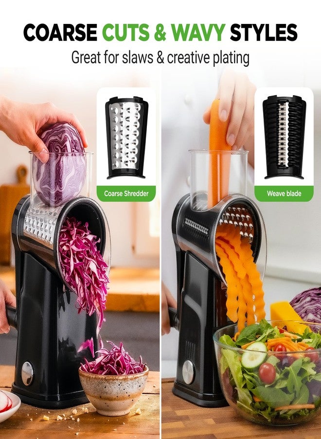 NutriChef 5 in 1 Cheese Grater & Shredder | 5 Different Blades for Thin, Thick, Julienne Strips, Wavy, & Straight Strips | Includes Hand Crank, Strong Suction Base & Storage Container | Black - Image 5