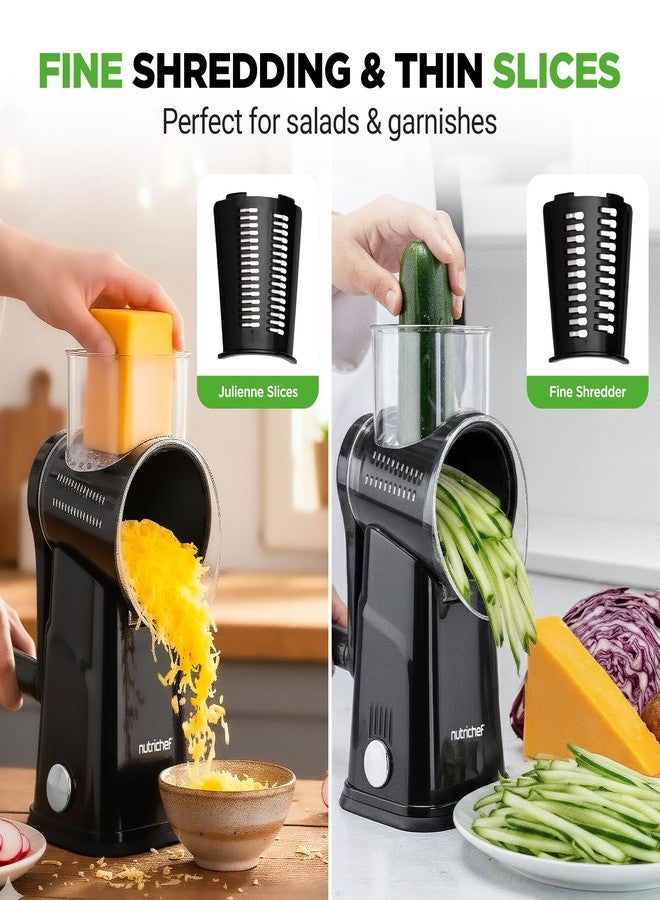 NutriChef 5 in 1 Cheese Grater & Shredder | 5 Different Blades for Thin, Thick, Julienne Strips, Wavy, & Straight Strips | Includes Hand Crank, Strong Suction Base & Storage Container | Black - Image 4