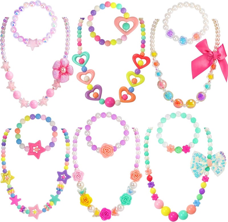 PinkSheep Kids Classic Jewelry, 6 Sets of Beaded Necklaces and Bracelets for Girls, Favors Bags for Girls Jewelry (Classic) - Image 1