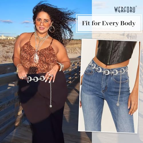 WERFORU Women's Silver Metal Link Moon Star Body Chain Belt Ladies Waist Chain Belt for Jeans Dress,Silver, Suit for waist size below 46 Inches - Image 2
