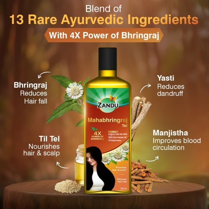 Zandu Mahabhringraj Tel (200ml): Original Hair Oil with 100% Pure Sesame Oil | 4X Power of Bhringraj | Scientifically Proven | 13 Potent Herbs | Hair Fall Control, No Parabens, Harmful Chemicals - Image 4