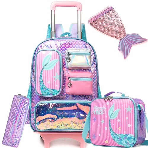 Meetbelify Mermaid Rolling Backpack for Girls Backpack with Wheels for Elementary Student Kids School Bag with Lunch Box Pencil Case for Girls Ages 6-8 Years Old - Image 1