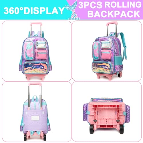 Meetbelify Mermaid Rolling Backpack for Girls Backpack with Wheels for Elementary Student Kids School Bag with Lunch Box Pencil Case for Girls Ages 6-8 Years Old - Image 3
