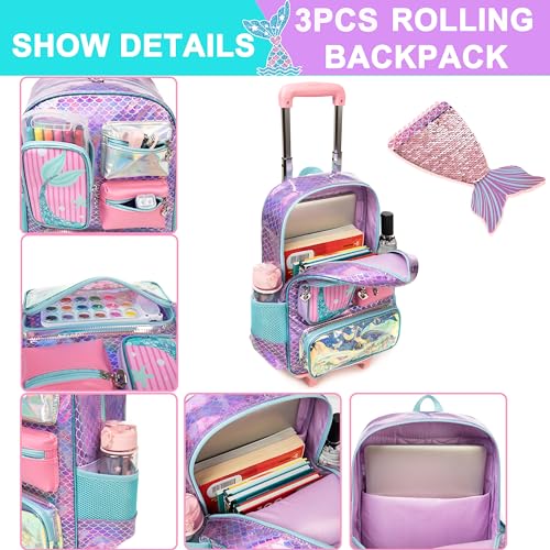 Meetbelify Mermaid Rolling Backpack for Girls Backpack with Wheels for Elementary Student Kids School Bag with Lunch Box Pencil Case for Girls Ages 6-8 Years Old - Image 4